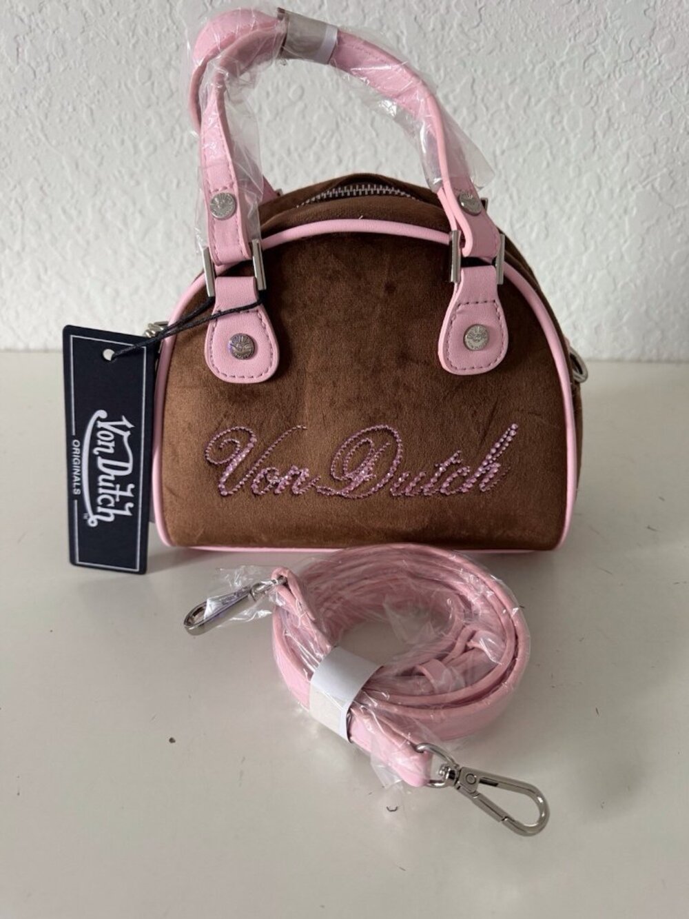 Von Dutch Brown Pink Small Crossbody Bowling Bag Zip Detachable Strap Logo NEW